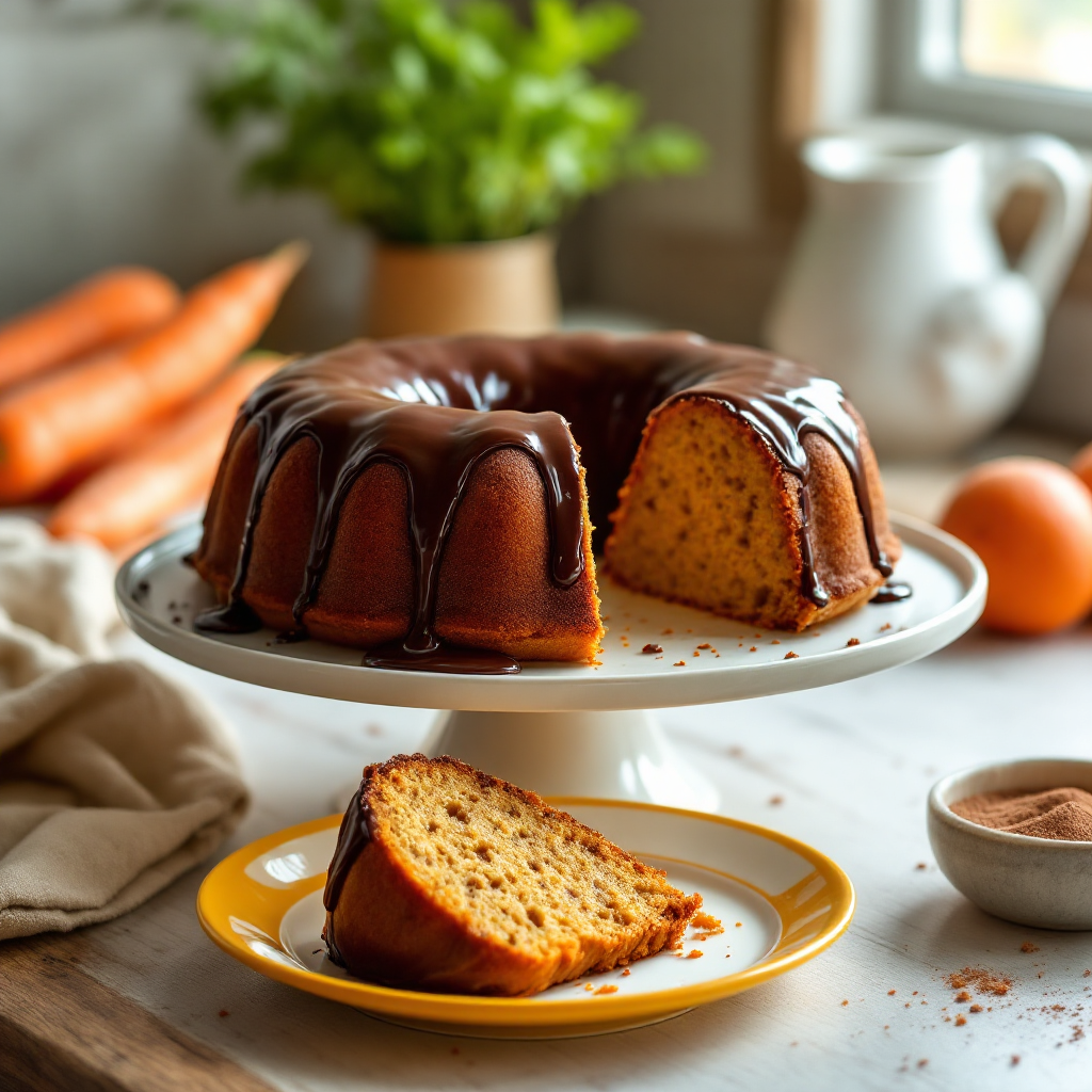 Bolo de cenoura sem glúten com cobertura de cacau brilhante e fatia servida, em ambiente de cozinha com luz natural.
