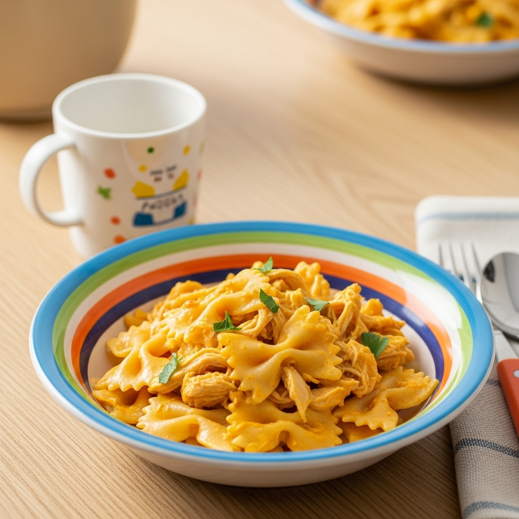 Macarrão cremoso de abóbora com frango desfiado (receita infantil que abraça a barriga e o coração) 🍝🎃🐔